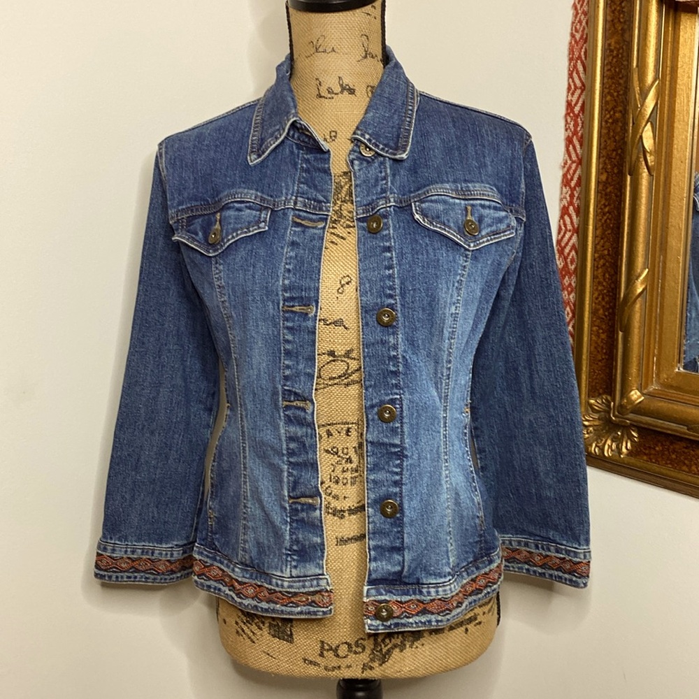 Axcess Stretch Denim Jean Jacket Diamond Pattern Southwestern Trim 3/4 Sleeve 8
